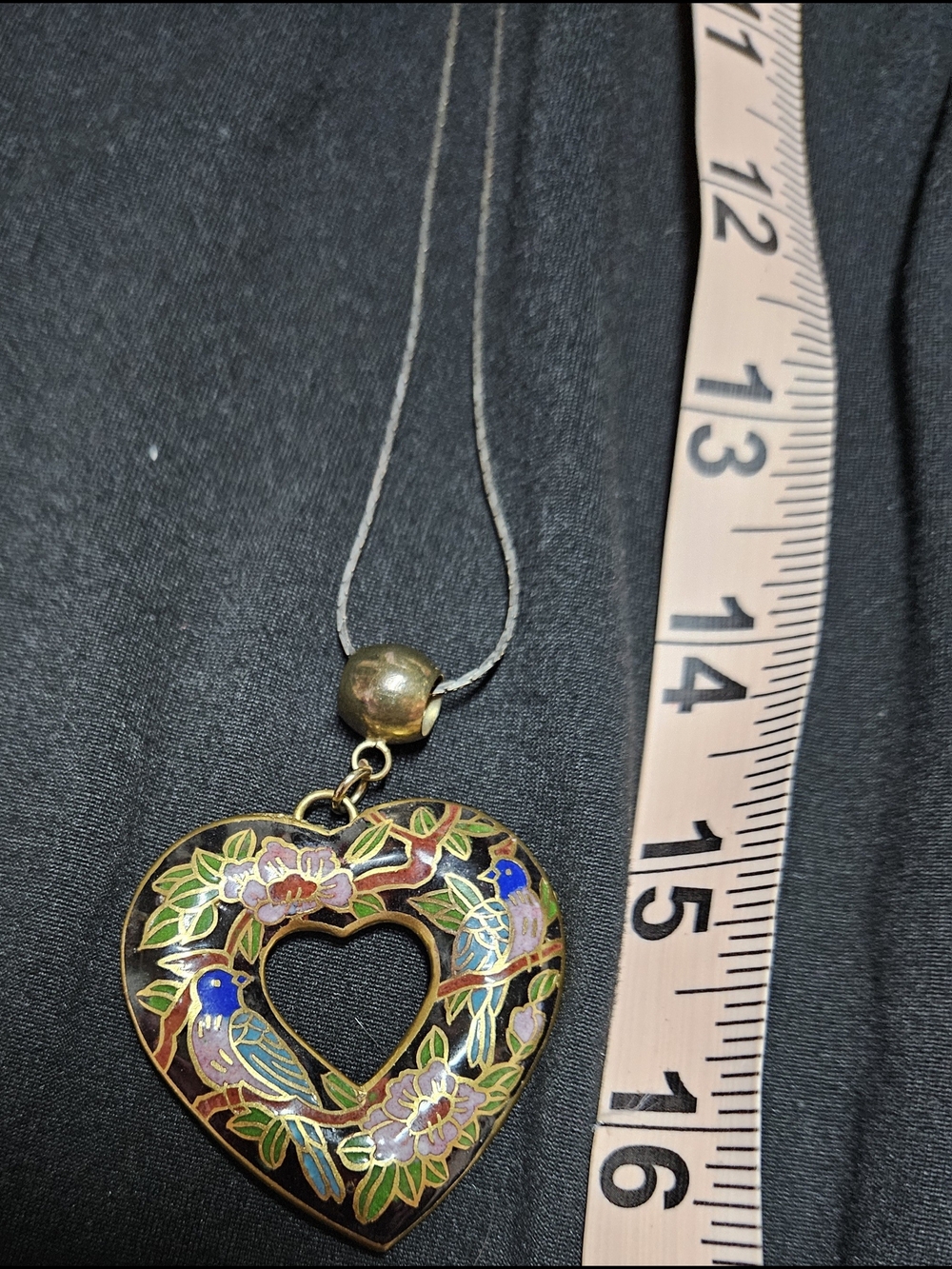 Cloisonné Heart Pendant Necklace with Blue & Green Bird Motif